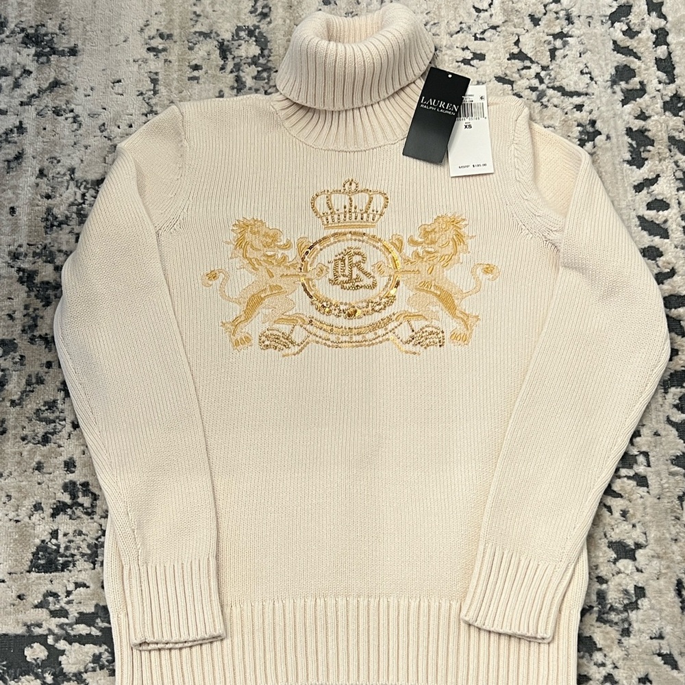 Lauren Ralph Lauren Cream Cotton Knit Turtleneck Sweater Gold Lion Crest XS